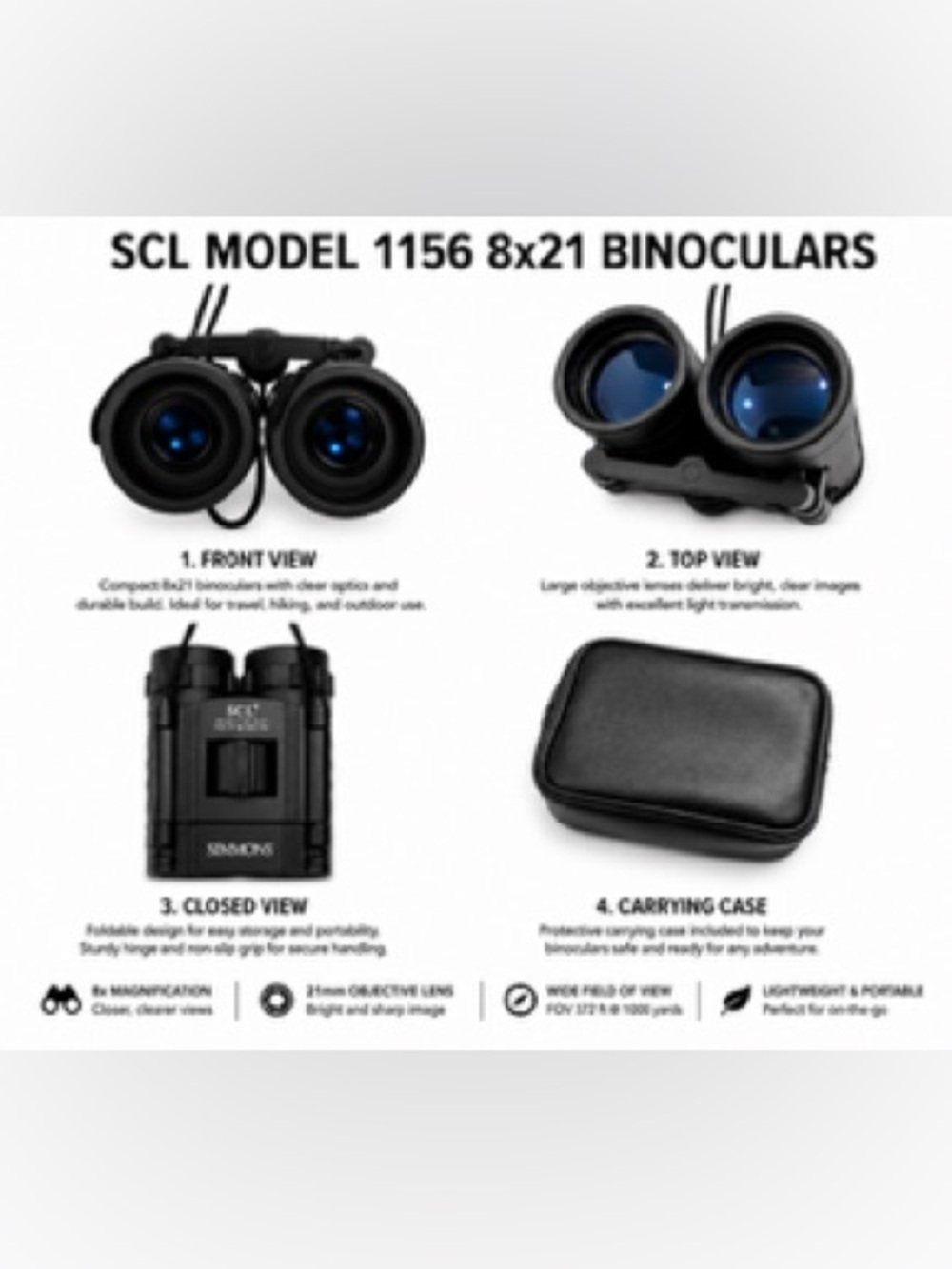 Simmons Binoculars, Model 1156 8x21 Black Compact with 8x Magnification